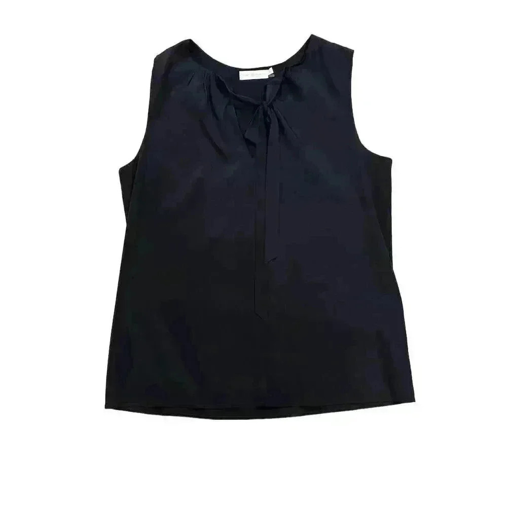 Tory Burch Silk Blend Sleeveless V-Neck Tie Blouse Black Size 14